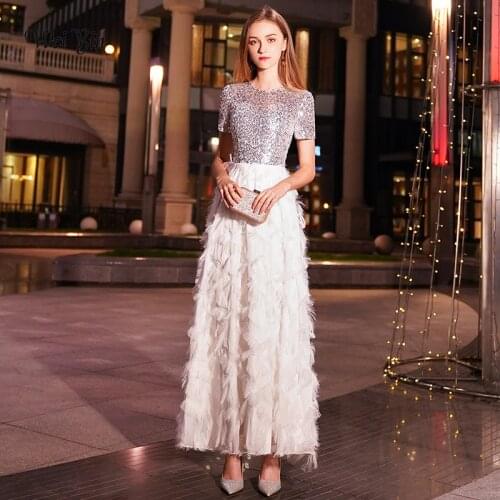 Weiyin White Long Evening Dresses Women Elegant Sexy Lace O neck Long Evening Gown 2021 Sequined Dress robe de soiree WY1036