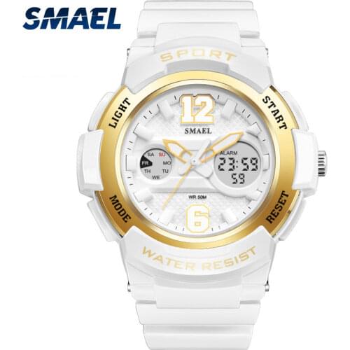 Smael White Pu Watchband Women Dual Display Wristwatches Womens Quartz Watch Lady Fashion Watches 30m Waterproof Relojes Mujer