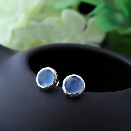 925 sterling silver jewelry Blue Chalcedony retro High quality female jewelry natural semi precious stones 0.9cm round earrings