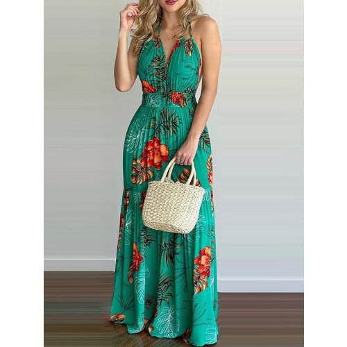 Women Tropical Print Sexy Halter Backless Summer Maxi Dress