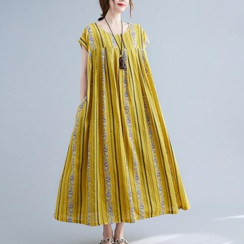 Beach Style Dress 2021 New Arrival Thin Soft Cotton Linen Loose Summer Dress Print Floral Travel Casual Women Midi Dress