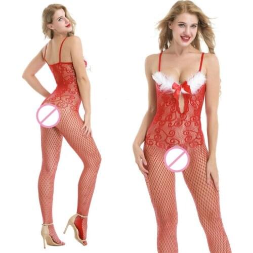 Womens Crotchless Sexy Lingerie Fabric Mesh Transparent Lace Female Bodysuit Puls Size Nylon Mature Stockings Christmas Dress