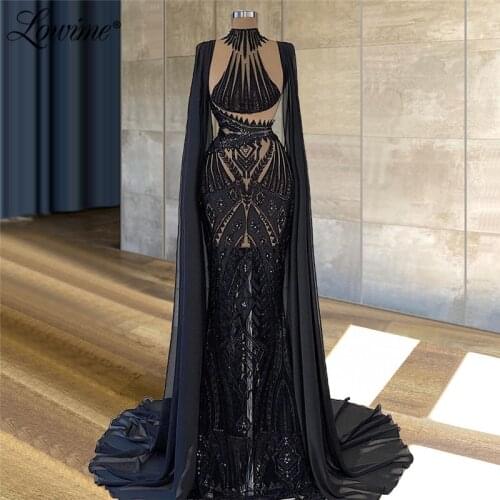 Lowime Black Long Capped Sleeves Dubai Design Evening Dresses See Through Lace With Handmade Beaded Arabic Party Prom Gowns Robe