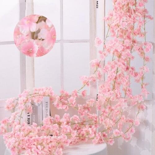 1PC Artificial Cherry Blossom Rattan Flower Garland Vine Wall Hanging Rattan Fake Plant Wedding Garden Party Decoration Gift