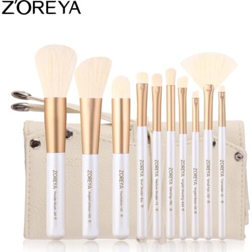 ZOREYA 10pcs Premium Quality Makeup Brush With Beige Package Bag Contour Blush Powder Angled Brow Brushes For Beauty Make Up