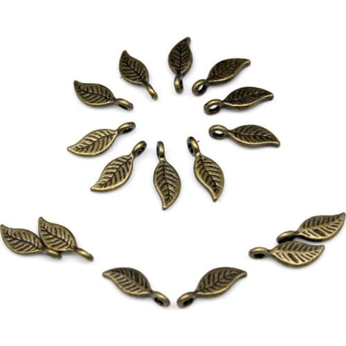 150pcs Small Leaf 3D Charms Antique bronze zinc alloy pendant beads 7X16mm lead and nickle free