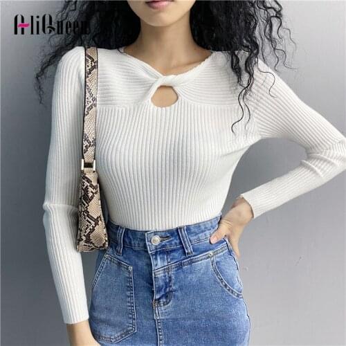 2020 Autumn Winter Women Knitted Sexy Hollow Out Pullover Sweater Female V-Neck Casual Tops Knitted Sweaters Korean Sueter Mujer