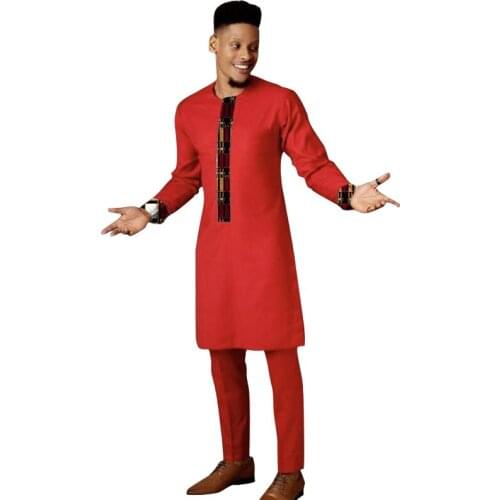 2021 Elegant African Print Patchwork Tops+Solid Pants Red Cotton Mens Sets Wedding Party Outfits Customized