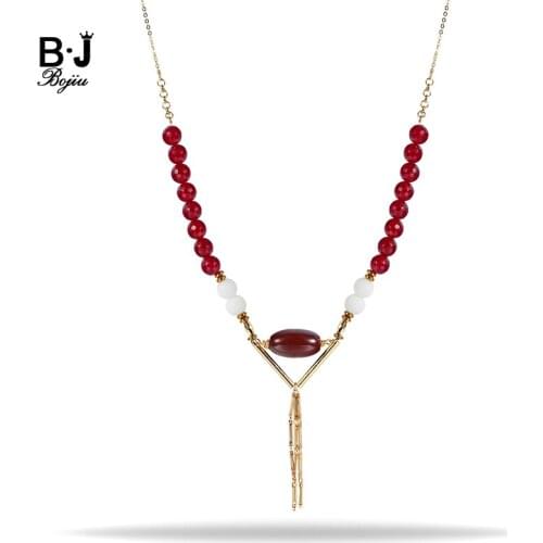 BOJIU Women Jewelry Women Necklaces Ethnic Red Bead Gold Chain Tassel Pendant Necklace NKS154