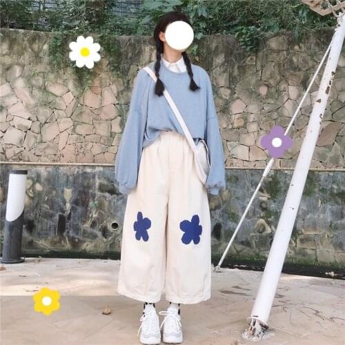 Kawaii Loose Wide-Leg Pant Women Japanese Soft Girls Sweetpants Summer Cute Flower Print Y2k Pants All-Match Student Streewear