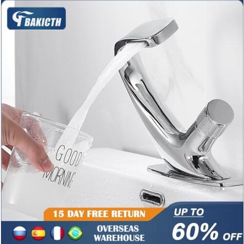 Bakicth Black Faucet Bathroom Sink Faucet Hot Cold Water Mixer Crane Deck Mounted Single Hole Bath Tap Chrome Finished Basin Tap