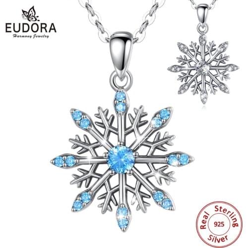 Eudora New 925 Sterling Silver blue crystal snow necklace white CZ Necklaces Elegant fine Jewelry two color Flower Pendants D582