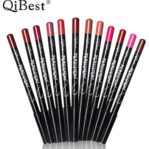 Qibest 12 colors lip liner pencil fashion black handle lipliner waterproof lip pencil for lip liners Red/Pink Nude Makeup AE005