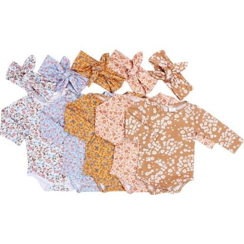 Hot Sale Romper Bobysuit Multiple Colors Printed Cotton Toddler Girl Clothes New Arrival Jumpsuit With Headband Outfit Set