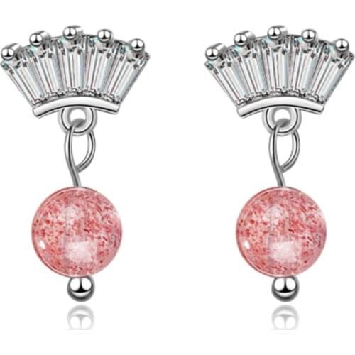 Korean version of the personality fashion trend wild diamonds sweet pink crystal crown silver plated stud earrings WE095