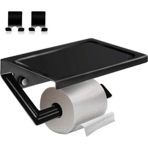 Matte Black Toilet Paper Holder Adhesive, Wall Mounted Toilet Paper Roll Holder with Shelf, Wall Mounted for Bathroom