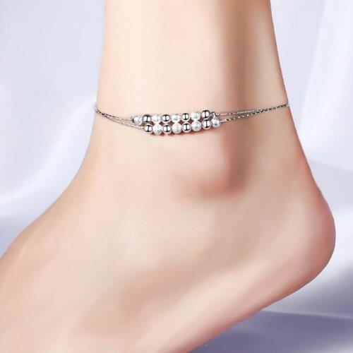 Fashion 925 Silver Women Anklets Silver Double Round Bead Two Chains Trendy Silver Girl Anklets