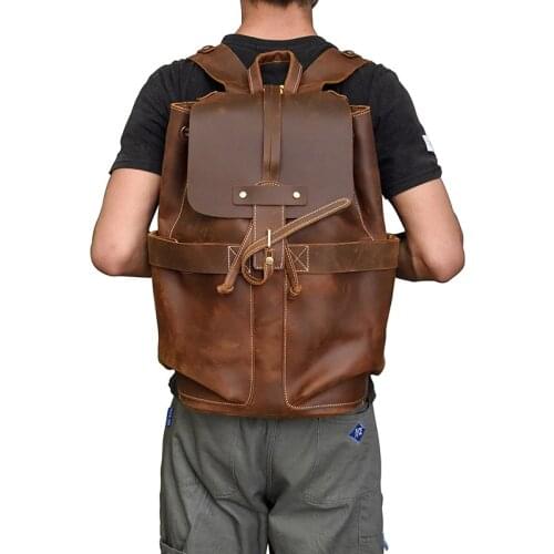 Crazy Horse Leather Rucksack Men Bag Vintage Mens Genuine Leather Backpack for Laptop Cowhide School Bag for Teenagers