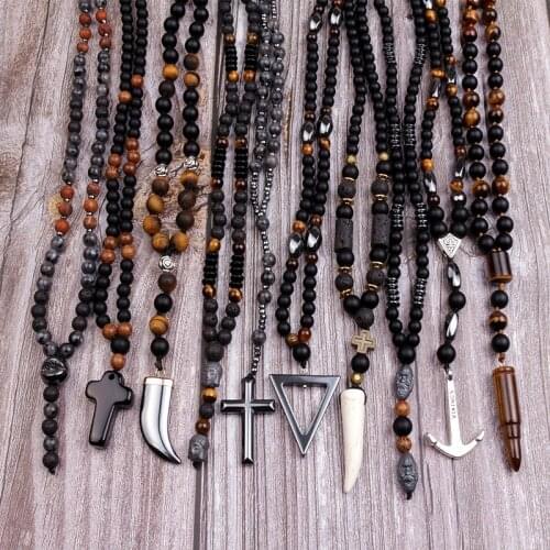 Wholesale Fashion Natural stone 10pc Mix Color Black/Gray Necklace Handmade Men Jewelry