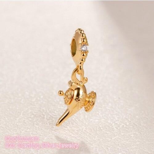 Mothers Day Original 100% 925 Sterling Silver Magic Lamp Dangle Charm Gold color beads Fits Brand bracelets Jewelry