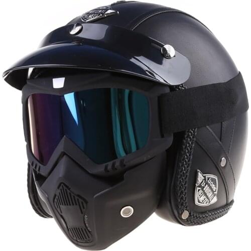 PU Leather Helmets 3/4 Motorcycle Bike Helmet Open Face Vintage Motorcycle Helmet With Goggle Mask Drop shopping