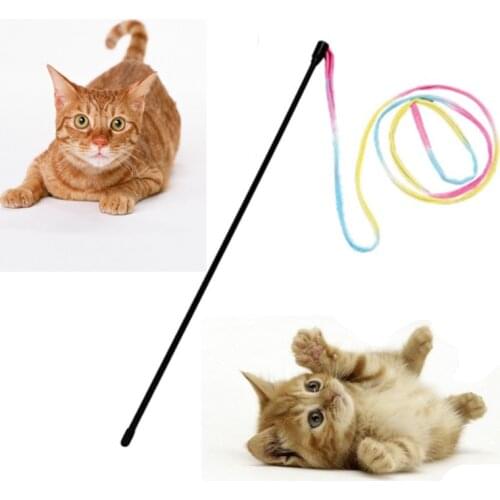 Plastic Cute Cat Toys Colorful Rainbow cloth Rod Wand Plastic Teaser Pet Toys Cats Interactive Stick Supplies