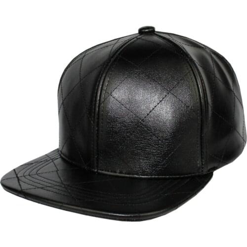Quilt Style Flat Bill Adjustable Snapback Cap PU Leather Strapback