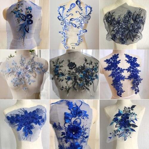 Blue Flower Leaf Embroidered Lace Trim Ribbon Fabric Handmade Sewing Craft For Costume Wedding Dress Hat Decoration Patch
