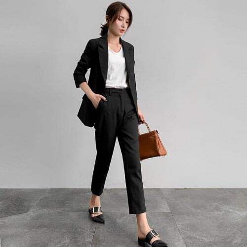 Wenfly Women Single Botton Notched Blazers Jackets High Waist Trouser Pants Casual Office Korean Suits Two Pieces Sets