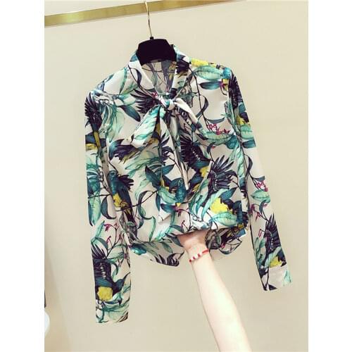 Spring Summer Womens Chiffon Shirt New Floral Retro Long-sleeved Shirt Bow Tie Bottoming Shirt Womens Tops and Blouses GD451