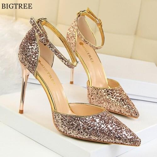 Women Sandals Thin Heel Fashion Buckle Shallow Shoes Womens Pointed Toe Bling High Heels Pumps Cut-Outs Sexy Party Shoes Office