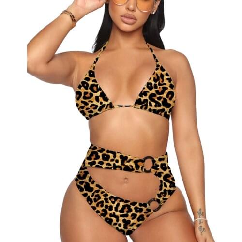 Womens Sexy Bare Midriff Swimsuit Classic Lace-up Sleeveless Two-piece Set Printing Halter Swimming Suit