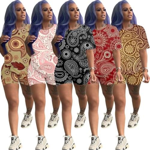 Echoine Summer Women Set Bandanna Paisley Print Pockets Short Sleeve Tops Sheath Elastic Shorts 2 Two Piece Set Tracksuit Outfit