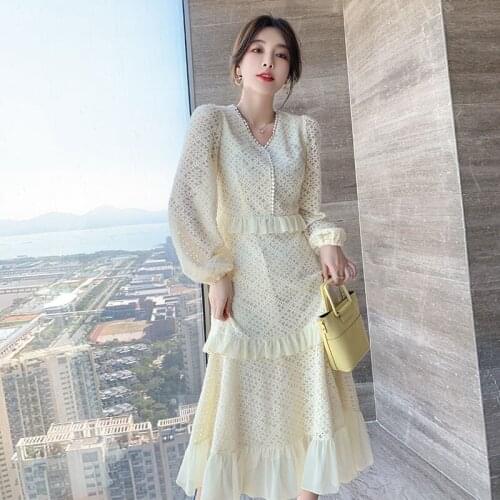 Spring Korean Women Vintage V Neck Hollow Out Lace Lantern Sleeve Elegant Female Casual Beige Slim Party Dresses Vestidos