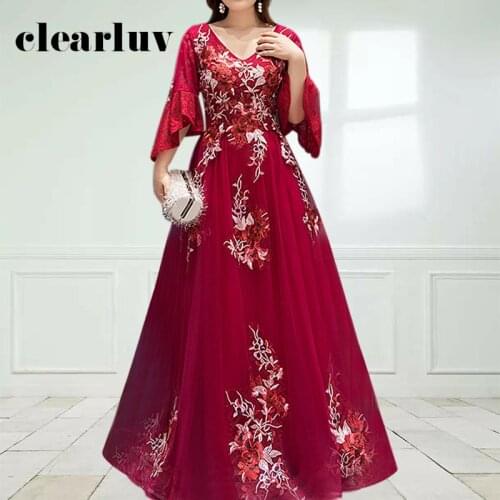 Embroidery A-Line Vestidos De Soiree DR1045 V-Neck Half Sleeve Women Party Dresses Lace Up Appliques Formal Evening Dress 2020