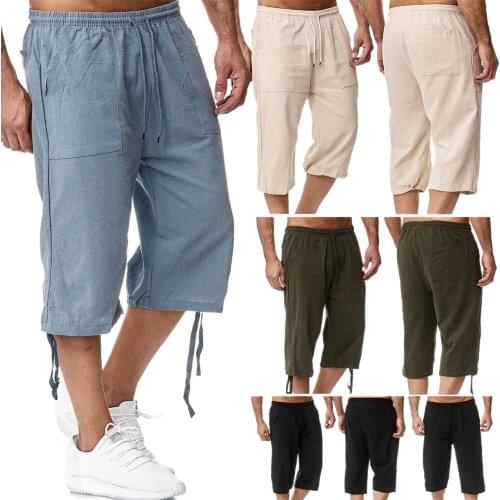 2020 Summer Casual Men´s Loose Breathable Harem Solid Color Calf Length Pants Cotton Linen Sports Drawstring Cropped Pants