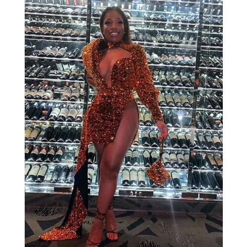 2021 Sparkly One Shoulder Long Sleeve Prom Dresses Sexy High Neck Organge Sequin Real Pic African Black Girls Evening Party Gown