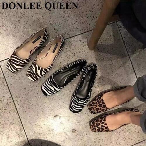 New Spring Fashion Brand Chain Square Toe Flats Shoes Women Slip On Ballet Flat Zebra Leopard Pattern Ballerinas Mujer