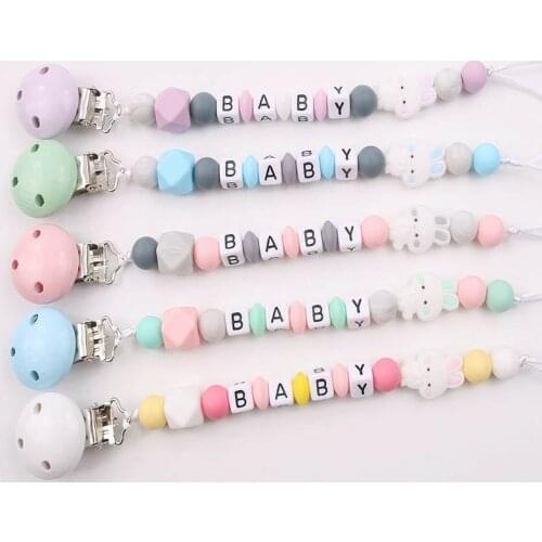 Personalised Name Bunny Baby Pacifier Clip Anti-drop Chain Cute Rabbit Beads Silicone Pacifier Chain Holder Baby Shower Gift