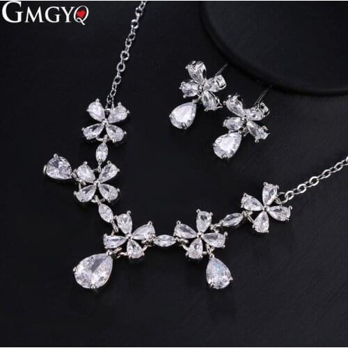 GMGYQ Silver Simple Jewelry Suit for Hot Sale in 2019 Fashion Water Drop Zirconia Jewelry Female Gift Size Adjustable