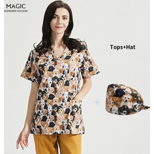 Cartoon Puppy Print Scrub Tops Cotton Shirt Spa uniform beauty salon Work uniform lab uniform pet shop Scrub pants Work clothes