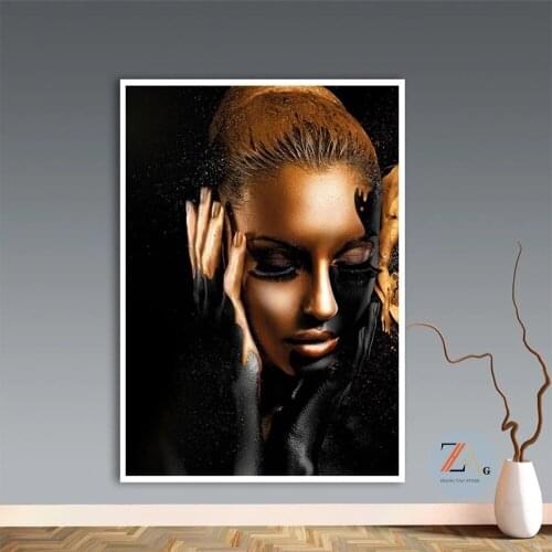 Black Hand and Gold Lip Nude Woman Oil Painting on Canvas Cuadros Posters and Prints African Wall Art Picture for Living Room