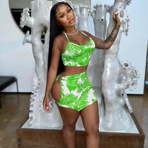 Leaves Printed Bandage Two Piece Skirts Set Women Halter Backless Crop Top and Cut Out Skinny Mini Skirt Beachwear Club Outfit