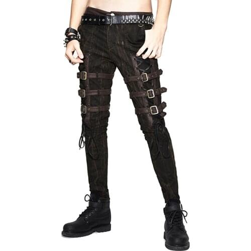 Steampunk Men Long Jean Gothic High Waist Black Brown Tights Slim Trousers Straps in the Leg Lace Up Pencil Pants New