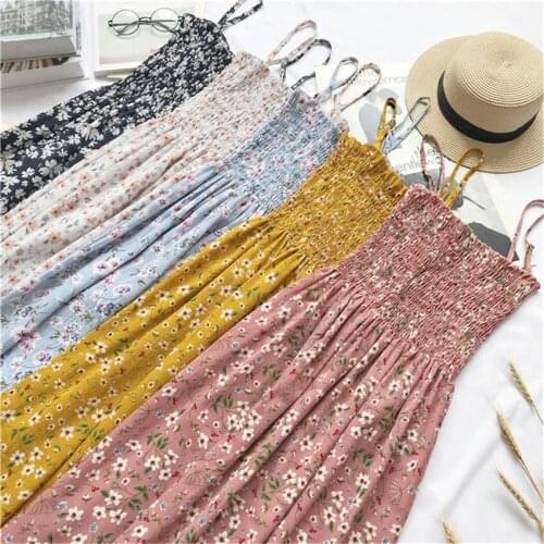 2019 New Slim Women Spaghetti Strap Print Dresses Summer Dress Girl Chiffon Flower Dress Midi Long Sleeveless Dress Vestidos 747