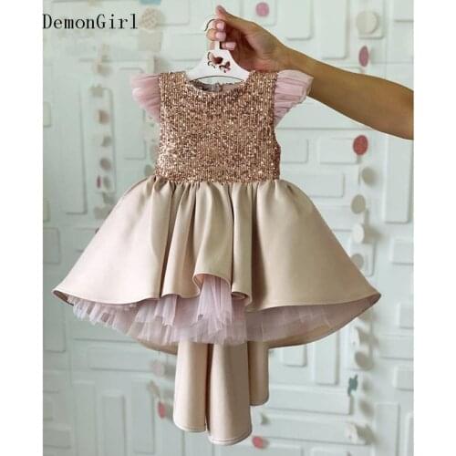Gold Infant Girls Dresses High-Low Puffy Kids Clothes Princess Birthday Party Dress Photography