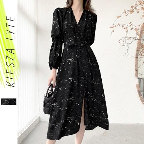 Women Chiffon Dress 2021 Spring Summer New French Style Black Printed Bubble Sleeve Dresses Vestidos Mujer Female