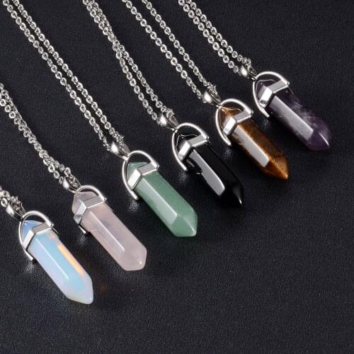 Silver Plated Oplite Quartz Obsidian Crystal Hexagonal Chakra Healing Point Pendulum Stone Pendant Necklace Jewelry Accessories