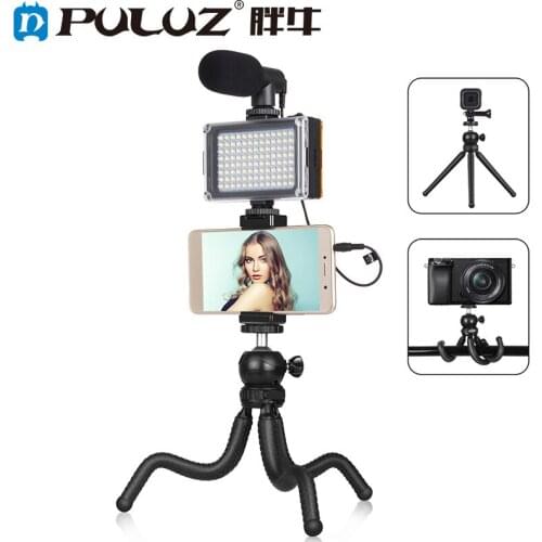 PULUZ Mini Octopus Flexible Tripod Holder + Studio Light + Microphone + Phone Clamp Kits (Black)