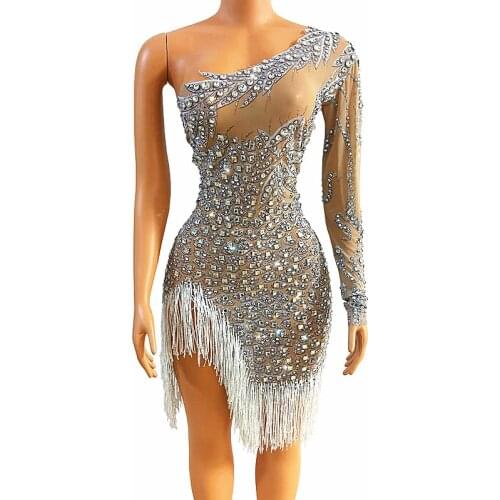 Silver Rhinestone Fringe Transparent Dress Birthday Show Costume Sexy Tassel Latin Dance Short Dress Single Shoulder
